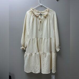 Roolee Women’s Long Sleeve Beige V Neck Tiered Ruffled Midi Dress